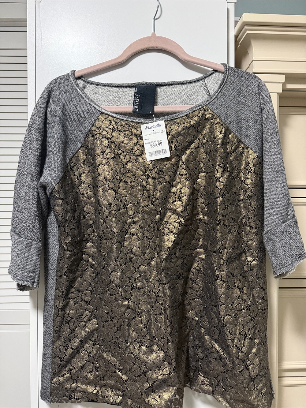 dolan Metallic Floral Lace Front Top - Gold & Heather Gray